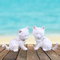 2 small ready to paint cat figurines sitting on a rustic wooden table by the ocean.  The cats are facing each other, head facing the camera.